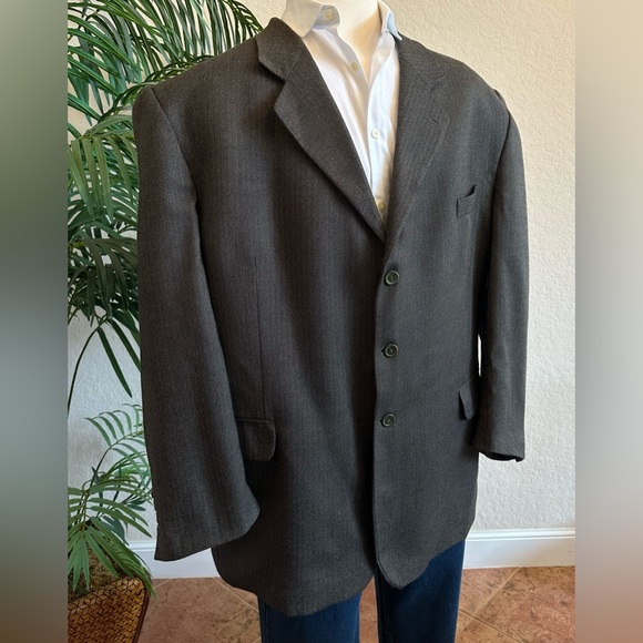 MENS BLAZER SIZE 54 OLIVE HERRINGBONE SPORT COAT WORSTED LAMBSWOOL SUIT JACKET - Picture 3 of 12